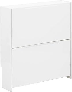 GFW Narrow High Gloss 2 Tier Shoe Cabinet Stores Up To 6 Shoes, Wooden Slim Shoe Organiser Cabinets for Home Entryway, Hall & Bedroom, White, H-75.6cm x W-72cm x D-17cm