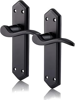 XFORT Black Beauty Range Matt Black London Suite Lever Latch Handles, Shaped Long Backplate Door Handles, Contemporary Door Handle Set for Internal Wooden Doors (1 Pair)