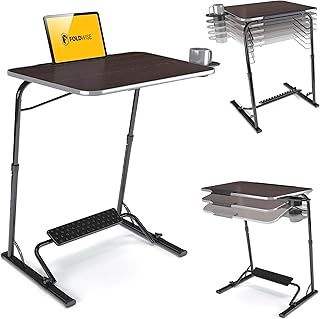 FoldWise Folding Laptop Table for Sofa - Wooden Portable Computer Desk & Overbed Table, All-in-One: Adjustable Height, Tilt Angle, Flat-Folding, Footrest, Cupholder, Tablet Holder & Edge Stopper
