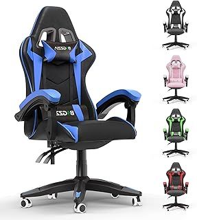 Gaming Chair, Ergonomic Computer Racing Chair with Headrest and Lumbar Support, PU Leather High Back Height Adjustable Swivel Game Chairs for Adults (Without Footrest, Blue)