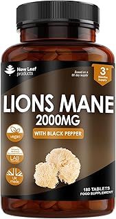 Lions Mane Mushroom Extract Supplement 2000mg - 180 High Strength Vegan Tablets with Black Pepper - (Not Powder or Capsules) Made in The UK by New Leaf Products
