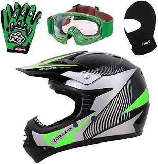 ZOR-X19 Green L (53-54cm) PREDATOR Kids Motorbike Motocross MX Helmet ECE 2206 & Gloves L (7cm) & Goggles & Balaclava