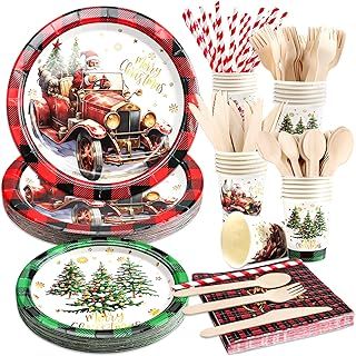 192Pcs Christmas Tableware Set, Christmas Paper Plates and Napkins Sets Red Buffalo Plaid Pickup Truck Christmas Tree Patterns Xmas Party Decorations Dinnerware Set, Serves 24