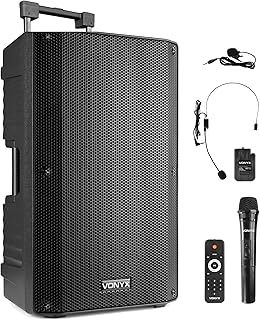 VONYX VSA700 15" Portable PA Active Speaker System Complete Set, Big Bluetooth Speaker with Battery, Including 2 Wireless Microphones, Powered PA, Rechargeable Battery and Bluetooth - 1000W
