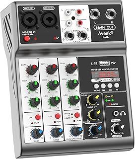 Aveek 4-Channel Audio Mixer, Mixing Sound Board with USB Bluetooth Reverb Delay Effect, 48 V Input, Phantom Power Stereo DJ Mixer for Recording, Live Streaming