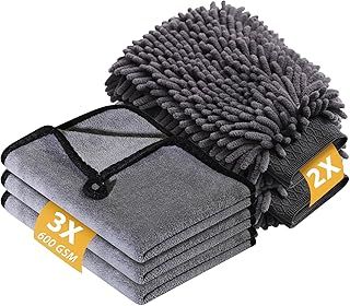 5 Pcs Car Washing Kit with 3x Microfibre Cleaning Cloth and 2er Microfibre Wash Mitt, Dual-Sided Ultra Soft Drying Towels and Gloves for Car Care, Polishing, 600GSM, 40x30cm