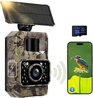 MAXDONE Solar Wildlife Camera 4K 64MP WiFi Bluetooth Trail Camera with Night Vision, Built-in Rechargeable Battery, IP66 Waterproof Garden Camera, 0.1s Trigger, Includes 32GB SD Card