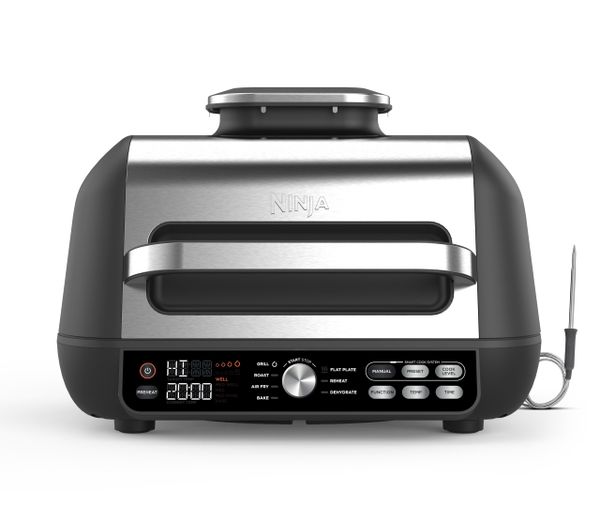 Ninja Foodi Max Pro Health Grill, Flat Plate & Air Fryer 3.8L with Digital Cooking Probe, 7-in-1, Air Fry, Bake & more, Dishwasher Safe Parts, Cleaning Brush, Large Grill Plate, Silver/Black AG651UK
