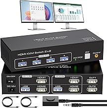 VPFET HDMI KVM Switch 2 Monitors 2 Computers 4K60Hz KVM Switches Dual Monitor 2 Port KVM with 4 USB 3.0 Support Copy and Extend Mode Including Desktop Control 12V DC Adapter