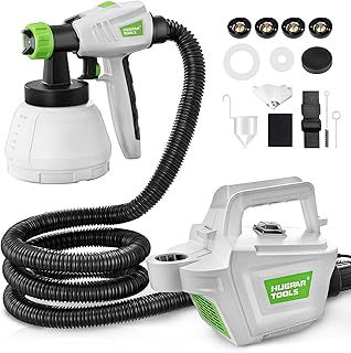 Fence Paint Sprayer 800W, Huepar Tools Electric HVLP Paint Spray Gun, 4 Nozzles, 3m Hose, 3 Patterns, Adjustable Spray, 1300ML Detachable Container, Electric Spray Gun for Indoor & Outdoor