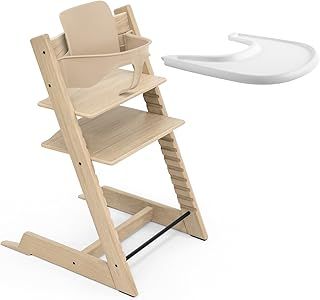 Stokke Tripp Trapp Oak High Chair (Natural) with Stokke Tray (White) - Includes Tripp Trapp Chair, Baby Set 2 for Children 6-36 Months and Stokke Tray - Adjustable, Ergonomic & Easy to Clean