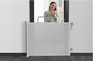 Non Drill Retractable stair gate,NO DRILL Sticky Pads included.Extendable Baby Gate to 150cm screen for Babies and Pets-Stairs, Hallway,Doorways.Stair gates for baby. (WHITE)