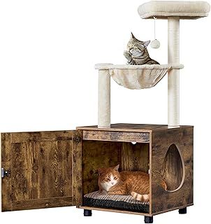 Yaheetech Cat Tree with Litter Box Enclosure, 125 cm Cat Tower with 2 Scratching Posts, Lagre Perch, Condo, Hammock, Hidden Pet Washroom, All-in-One Kitty Furniture