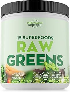 Raw Greens – Ultimate Natural Blend with 15 Premium Superfoods and Vegetables - Vegan Super Greens Powder Including Green Tea, Spirulina, Ginger Root & Pea Protein (50 Servings, 250g)