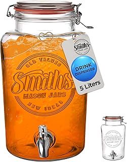 Smith's Mason Jars 5 Liter Glass Drinks Dispenser with Stainless Tap Spigot | Punch Dispenser | Drink Pitcher with Spout | Ideal for Outdoor Picnic BBQ Parties and More (Without Stand)