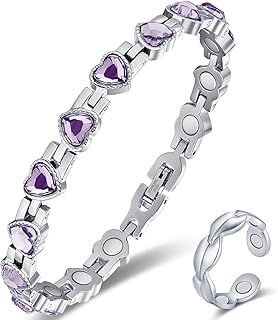 Vicmag Lymphatic Drainage Magnetic Bracelets for Women Titanium Steel Brazaletes Ultra Strength Magnetic Adjustable with Removal Tool & 7X Magnetic Ring and Gift Box (Purple Heart Crystal)