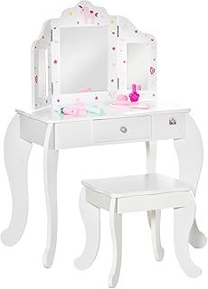 HOMCOM Kids Vanity Table & Stool Girls Dressing Set Make Up Desk Chair Dresser Play Set with Rotatable Mirrors Drawer Star & Heart Pattern White
