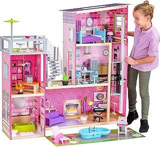 KidKraft Uptown Wooden Dolls House with Furniture and Accessories Included, 3 Storey Play Set with a Cat and Pool and Patio Set for 12 Inch / 30 cm Dolls, Kids' Toys, 65833