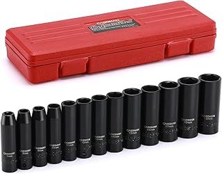 CASOMAN 3/8-Inch Drive Impact Socket Set, 6-Point, Metric, Deep, CR-V, 7mm to 19mm, 13 Piece Set