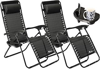 SUNMER Set of 2 Sun Lounger Garden Chairs With Cup And Phone Holder - Deck Folding Recliner Zero Gravity Outdoor Chair - Black/Black