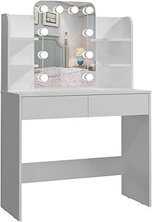 Makeup Table with Led Mirror, Dressing Table Vanity with 4 Shelves and 2 Drawers, Vanity Talbe for Home Furniture (White)