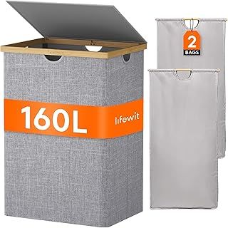 Lifewit 160L Bamboo Laundry Basket with Lid, Washing Basket Laundry Basket 2 Compartments Laundry Hamper Dirty Clothes Basket Bin whit 2 Removable Liners for Laundry Room Bedroom, Grey