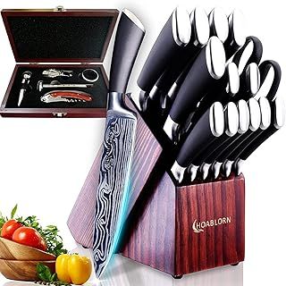 Knife Set Kitchen Knife Set with Knife Block, 15-Piece Professional Stainless Steel Damascus Set with Built-in Knife Sharpener and Wine Gift Box