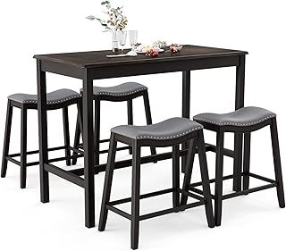 COSTWAY Dining Table and 4 Stool Set, 5 Pieces Kitchen Table with 4 Upholstered Saddle Stools, Rubber Wood Legs & Footrest, Space Saving Breakfast Counter Height Bar Table Sets for Home Pub