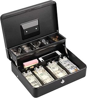 Metal Cash Box Lockable Money, Coin and Note Security Box Large Cash Box with Lock - New Metal Money Tin 100% Safe, 30 cm x 24 cm x 9 cm, Black