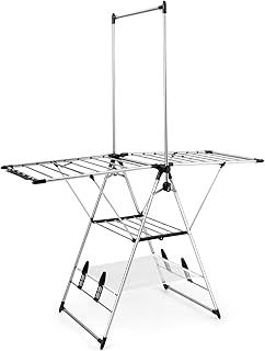 COSTWAY Folding Clothes Drying Rack, Gullwing Clothes Airer Dryer Rack with Adjustable Height, High Hanger, Side Clips & Shoe Holders, Outdoor Indoor 3-Tier Laundry Rack Stand