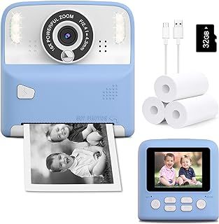 Instant Print Camera for Kids, Christmas Birthday for Age 3-12 Girls Boys Gifts, Inkless Thermal Printing Black&White Photo Children Selfie Digital Video Cameras for Toddler Toys with 32GB Card (Blue)