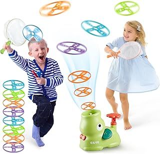 Kids Outdoor Toys, Autism Sensory Equipment, Garden Toddler Toys for 3 Years Old Boys and Girls, Flying Disc Launcher Toy with 8 Saucers, Outdoor Games for Kids 4-8, 8-12