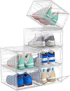 ARSTPEOE Shoe Storage Box, 6 pcs Shoe Storage Plastic Stackable, Clear Shoe Box, Foldable Shoe Storage Organiser. Sneaker Display Case, Shoe Box with Magnetic Door（White
