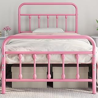 Yaheetech 3ft Single Bed Frame Vintage Iron Platform Bed with High Headboard and Footboard/Strong Metal-Framed Bed with Storage Pink