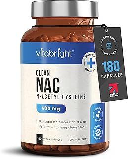 NAC N-Acetyl-Cysteine 600mg - VitaBright | 180 Capsules | N-Acetylcysteine Nutritional Supplements for Glutathione Boost | N Acetyl L Cysteine NAC Supplement (Swallow or Open Capsules of NAC Powder)
