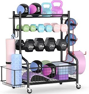 Mythinglogic Dumbbell Rack Stand, Multifunctional Weight Rack for Dumbbells, Yoga Mat, Fascia Roller, Kettlebell and Yoga Block, Powder-Coated Steel Dumbbell Stand with Wheels and Hooks