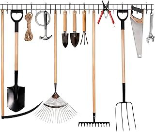 Garden Tool Rack Garage Tool Organizer Wall Mount Garden Tool Holder Yard Tool Hangers Heavy-Duty Hook Wall Storage Rack Holds Garden Tools, Shovels, Rakes, Hoses, Ropes (64 inches/160cm)