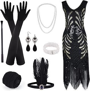 ELECLAND 1920s V Neck Sequin Beaded Fringed Dress with 20s Accessories Set