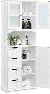 Yaheetech Tall Bathroom Floor Cabinet with 4 Drawers and Glass Doors, Freestanding Storage Cupboard Unit with Adjustable Shelves for Bathroom Kitchen Living Room