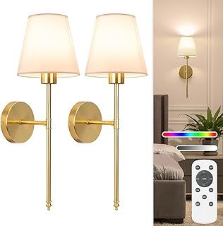 NIORSUN 19.9 inch Battery Operated Wall Lights, Gold Rechargeable Wall Lights Indoor with 5200mAh Dimmable Detachable Bulbs and Remote, 9 Colours Wireless Sconces for Bedroom Living Room Hallway