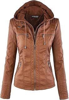 Faux Leather Jacket for Women Hooded Moto Biker Jacket Full Zip Pleated Overcoat Casual Coat Warm Tops