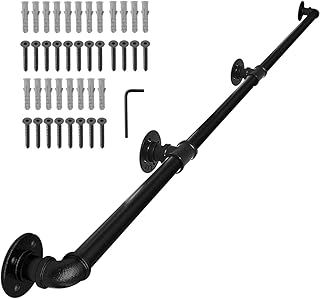 Metal Stair Handrail, 345cm Handrails for Stairs, Indoor/Outdoor Wall Mount Banister Hand Railing Support Kit, Pipe Handrail Staircase Steps Industrial Galvanized Iron - Black