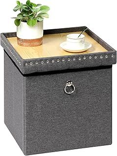 Bonlife Folding Ottoman Storage Cube,Toy Chest Box with Lid,Coffee Table with Tray,Footstool Seat for Living Room,Grey,Linen,40X40X40CM