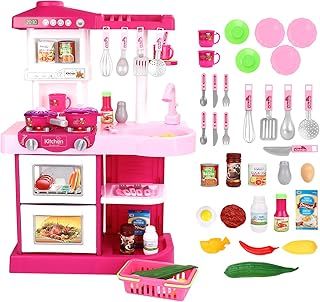 deAO My Little Chef Kitchen Play Set with 30 Accessories for Children, Features Light and Sound for Children (Pink)