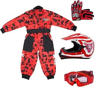 Zorax Red CAMO M(7-8 Years) Kids Suit & Gloves M(6cm) & Goggles & Zorax M (51-52cm) ZOR-X17 Kids Motocross Helmet ECE 2206, Children Motorbike Motorcycle Helmet Set