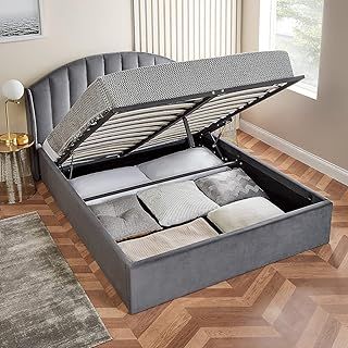 Home Treats Grey Small Double Bed Frame Curved | Winged Headboard Ottoman Storage Bed | Velvet Upholstered Bed 4FT 120 x 190cm (Small Double, No Mattress)