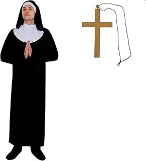 Mens Nun Costume - Large - Habit & Headpiece, Belt and Gold Cross - Adults Religious Fancy Dress Costume