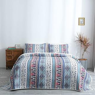 Lunoroey Bedapread King Size Quilted Bedspreads Bohemian Patchwork Quilt Coverlet Blue Floral Patchwork Quilt Bed Throws with 2 Pillowcases for All Seasons