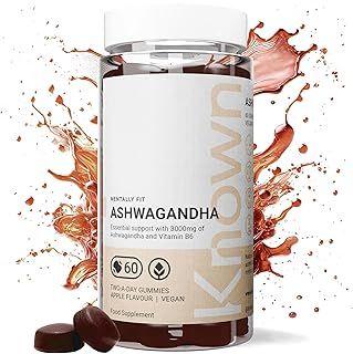 Known Ashwagandha Gummies 3000MG High Strength by Known Nutrition with Vitamin B6 | 60 Two-a-Day Gummies | Natural Botanical Extract | Natural Apple Flavour (1)