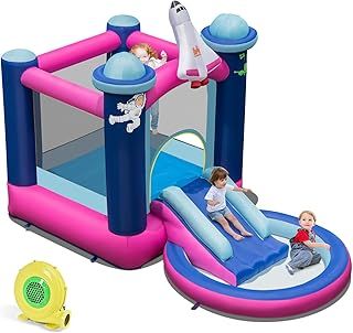 COSTWAY Inflatable Bounce House, Kids Bouncy Castle with 480W Blower, Splash Pool and Carrying Bag, Blow up Jumper for Indoor Backyard Playground